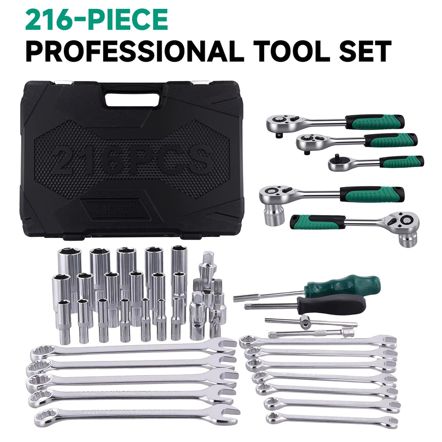 Podofo 216-teiliges Profi-Werkzeugset für Autoreparaturen mit Steckschlüsselsatz 1/4 Zoll, 3/8 Zoll und 1/2 Zoll sowie ergonomischen 24-Zahn-Ratschenschlüsseln - Bild 4