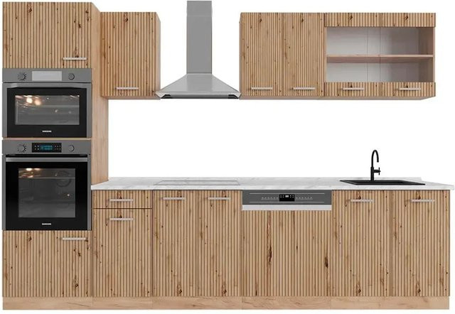 Vicco R-Line Küchenzeile Artisan-Eiche/Goldkraft Eiche mit Hochschrank und Marmor-Arbeitsplatte, Breite: 300 cm - Bild 1