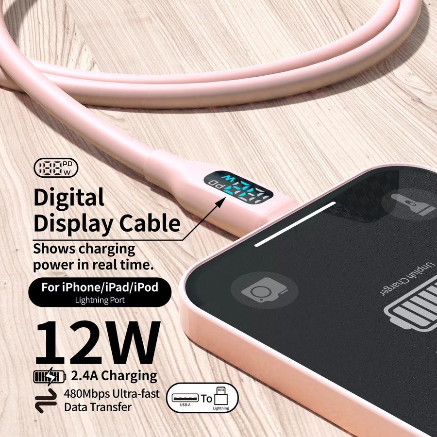 LAIHONEN MFI-zertifiziertes USB-A-auf-Lightning-Lade- und Datenkabel aus weichem Silikon mit LED-Digitalanzeige in Macaron-Pink für iPhone 14-8 Serie - Bild 5