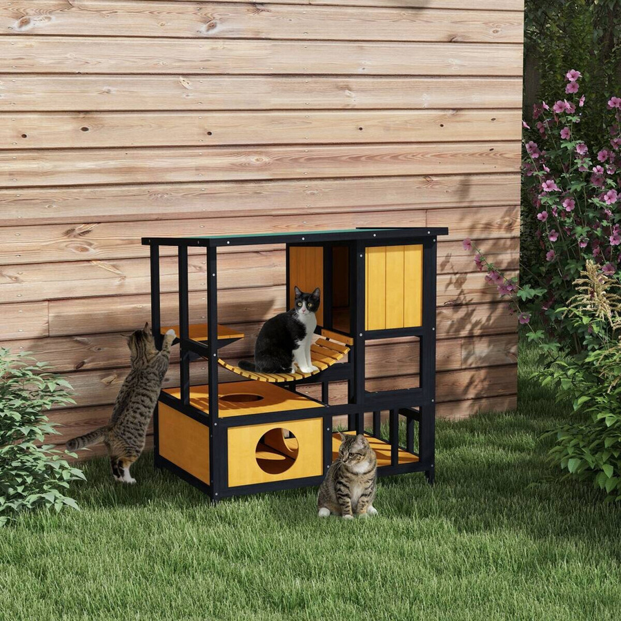PawHut Outdoor-Katzenhaus aus Kiefernholz und Tannenholz, wetterfest mit erhöhtem Boden, Gelb-Schwarz, B: 60 cm, T: 84,5 cm, H: 88 cm - Bild 6