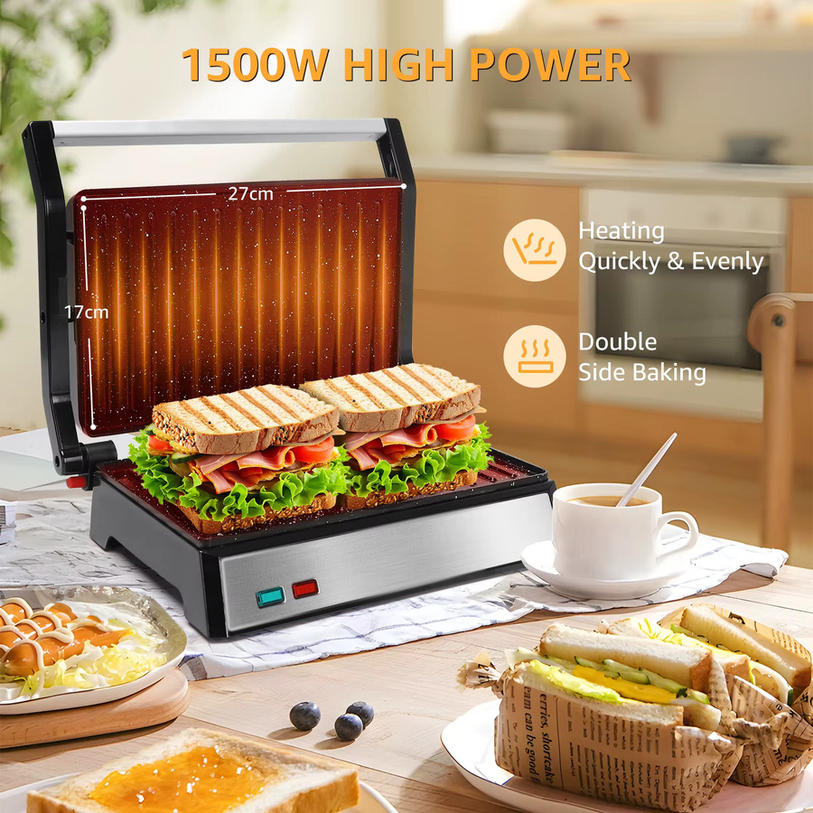 Aigostar Kontaktgrill in Schwarz mit Edelstahl-Design, 1500W Panini Grill und Sandwichmaker mit Antihaftbeschichtung und abnehmbarer Ölsammelbox - Bild 3