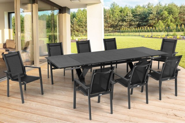 OUTFLEXX Garten-Essgruppe aus Aluminium in Anthrazit Matt mit ausziehbarem Tisch und 8 Stapelsesseln - Bild 1