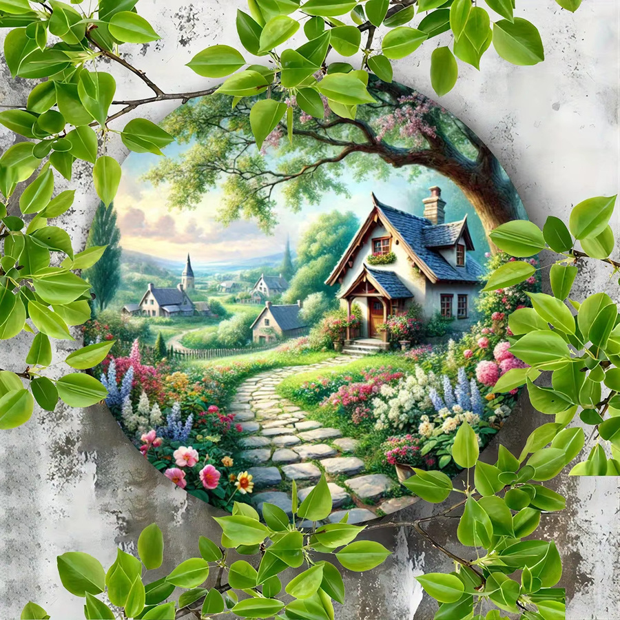Rundes dekoratives Wandschild Potdemiel Cottage and Meandering Path aus Aluminium in Multicolour mit Vintage-Design und floralem Motiv, Durchmesser: 20 cm - Bild 3