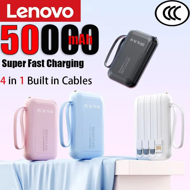 Lenovo Mini Powerbank mit 10000 mAh und integrierten Kabeln in Pink mit LED-Digitalanzeige und Schnellladefunktion - Bild 1