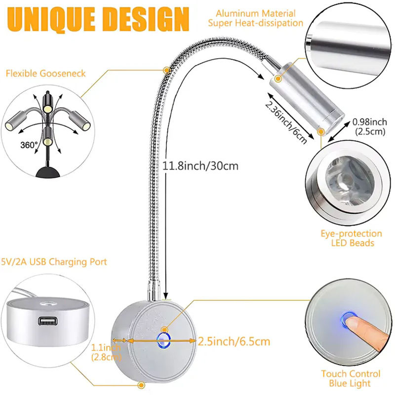 XunShiNi LED-Wandleuchte in Silber, dimmbare Leselampe mit flexiblem Schwanenhals für Wohnmobil, Boot und Van, 12-24V - Bild 4