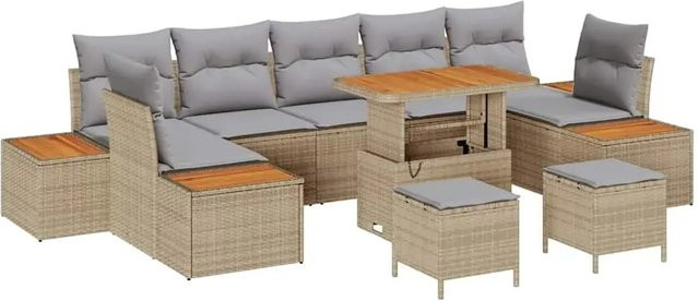vidaXL Garten-Sofa-Set aus Poly Rattan in Beige mit 10-teiligem Set und Kissen in U-Form - Bild 1