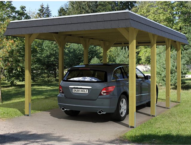 Skan Holz Carport Spessart aus Nadelholz in Grün mit flacher Dachform und EPDM-Dach, B/T: 345 x 589 cm, Höhe: 241 cm - Bild 1