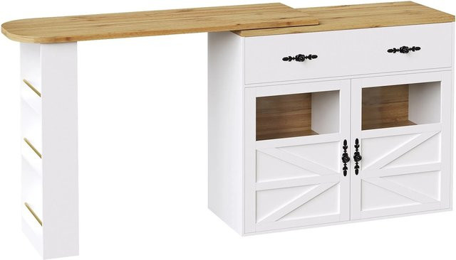 Merax Ausziehbarer Bartisch mit 360 Grad Drehbarer Tischplatte und Regalen in Weiß, B/T/H: 138-204 x 39 x 104 cm - Bild 1