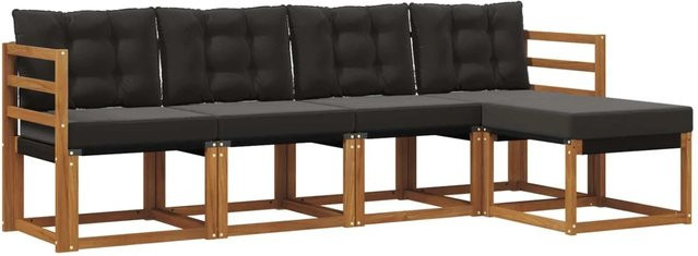 vidaXL Outdoor-Sofagarnitur 5-teilig aus Akazienholz und Textilene in Natur und Schwarz mit UV-beständigen Kissen - Bild 1