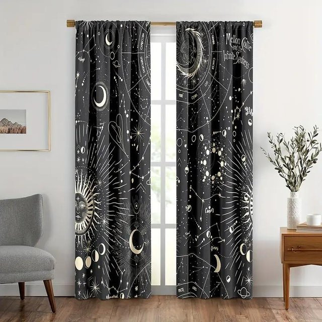 2er-Set Sternzeichen Vorhänge mit Astrologie- und Sichelmond-Design, Schwarz, Breite: 150 cm, Höhe: 166 cm - Bild 1