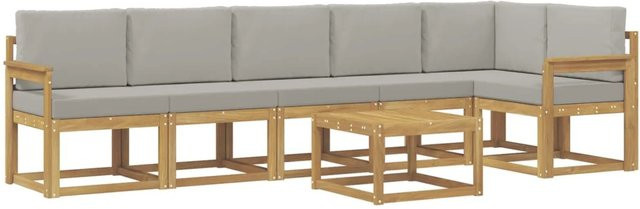 vidaXL Outdoor-Sofagarnitur aus Akazienholz in L-Form, 7-teiliges Set mit Kissen in Weiß, Grau und Braun - Bild 1