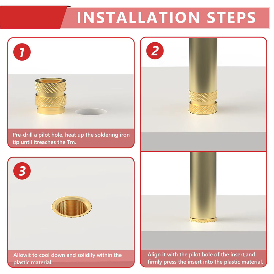 BOVILEVR 280-teiliges Wärmeeinpressgewinde-Set aus Messing mit Rändelmuttern M2/M3/M4/M5 für 3D-Druck und Kunststoffteile, Farbe: Messing/Gold - Bild 4