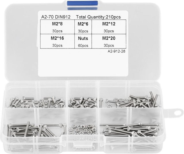 Meterk 210-teiliges Sortiment mit M2 Innensechskantschrauben und Muttern aus Edelstahl A2-70 in Silber mit Becherkopf und Aufbewahrungsbox - Bild 1