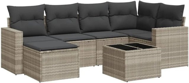 vidaXL 7-teilige Garten-Sofagarnitur aus Polyrattan mit Kissen in Hellgrau - Bild 1