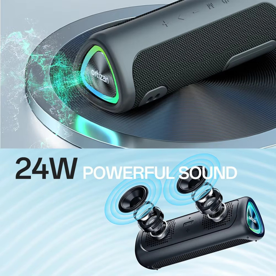 Ortizan Tragbarer Bluetooth-Lautsprecher mit 24 W HD-Sound, Bluetooth 5.3, LED-Leuchten und IPX7 Wasserdichtigkeit, Schwarz - Bild 2