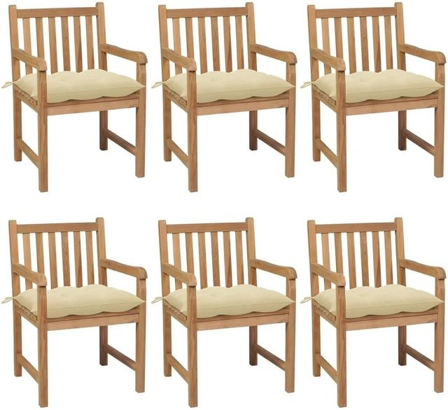 6er Set Gartenstühle von vidaXL aus Teakholz mit cremeweißen Polsterkissen in Braun und Weiß - Bild 1