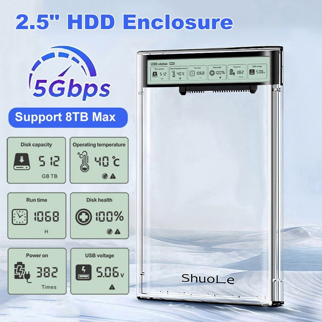 Kebidu Smart Display HDD-Gehäuse 2,5 Zoll transparentes USB 3.2 Gen2 externes Gehäuse für SATA HDD und SSD - Bild 1