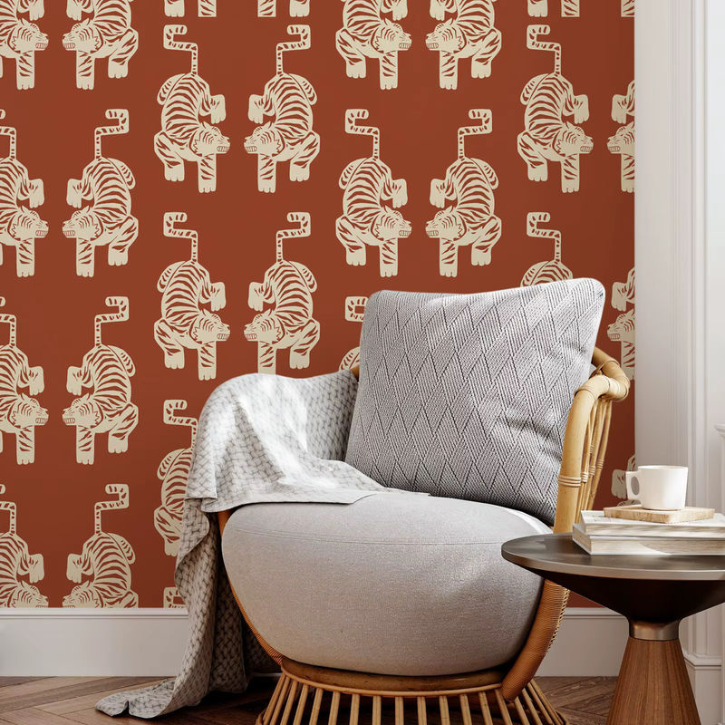 Pixel&Wall Tiger-Tapete in Orange mit aztekischem Vintage-Design, selbstklebend - Bild 5