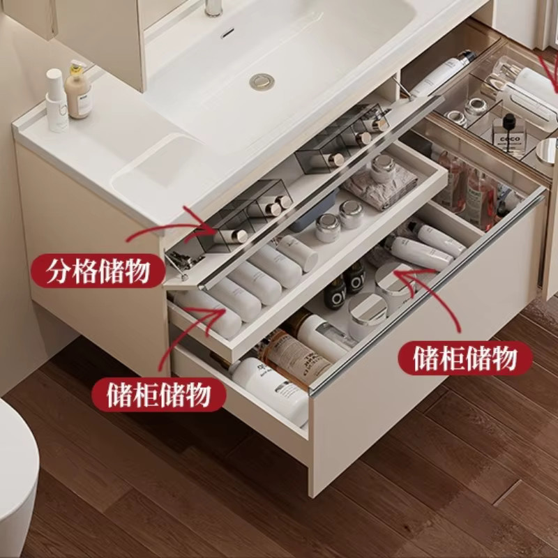Moderner Badezimmerschrank OAKCIA in Beige mit integriertem Keramikwaschbecken, LED-Beleuchtung und Wandmontage - Bild 3