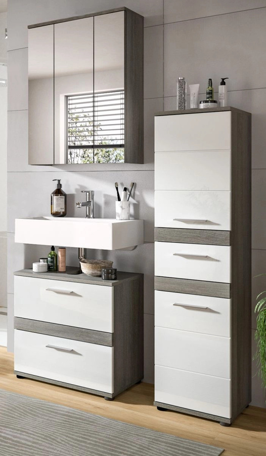 Inn.Furn Badmöbel Set Bailey 3-teilig in Weiß Hochglanz und Grau mit Waschtischunterschrank, Spiegelschrank und Seitenschrank, Breite: 110 cm - Bild 1