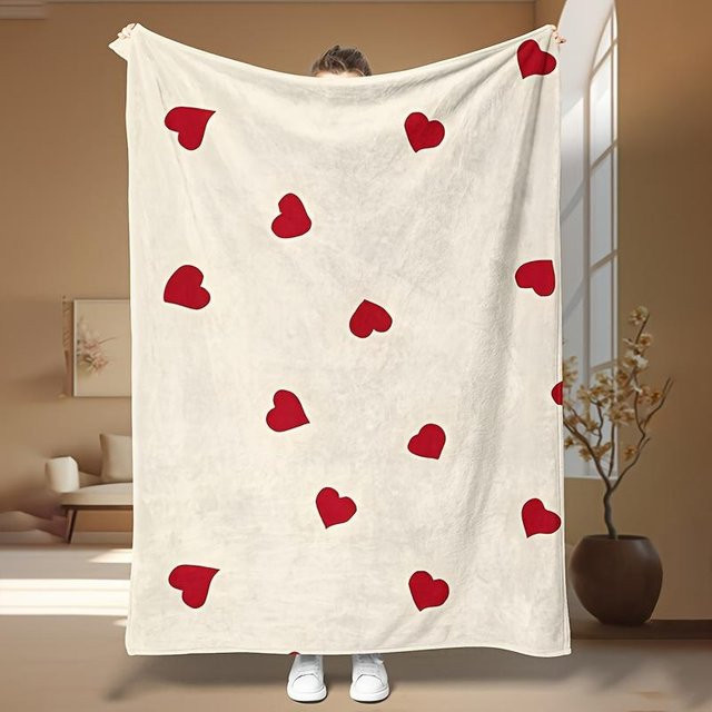JMG Household Supplies Flanelldecke mit Herzmotiv in Rot und Beige, weicher Plüsch Überwurf für Sofa und Bett, B/H: 70 x 100 cm - Bild 1