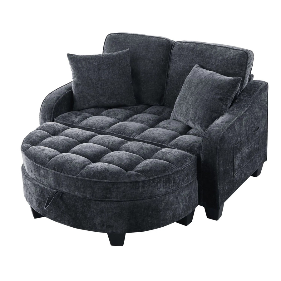 PXloue 2 in 1 Schlafsofa mit Aufbewahrungshocker in Schwarz, minimalistisches Ecksofa mit Eukalyptusholz-Rahmen und Stoffbezug - Bild 2