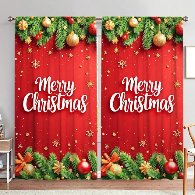 2er-Set Weihnachts Vorhänge mit Merry Christmas Aufdruck in Weiß und Rot, halbtransparent, Polyester, B: 52,5 cm, H: 116 cm - Bild 1