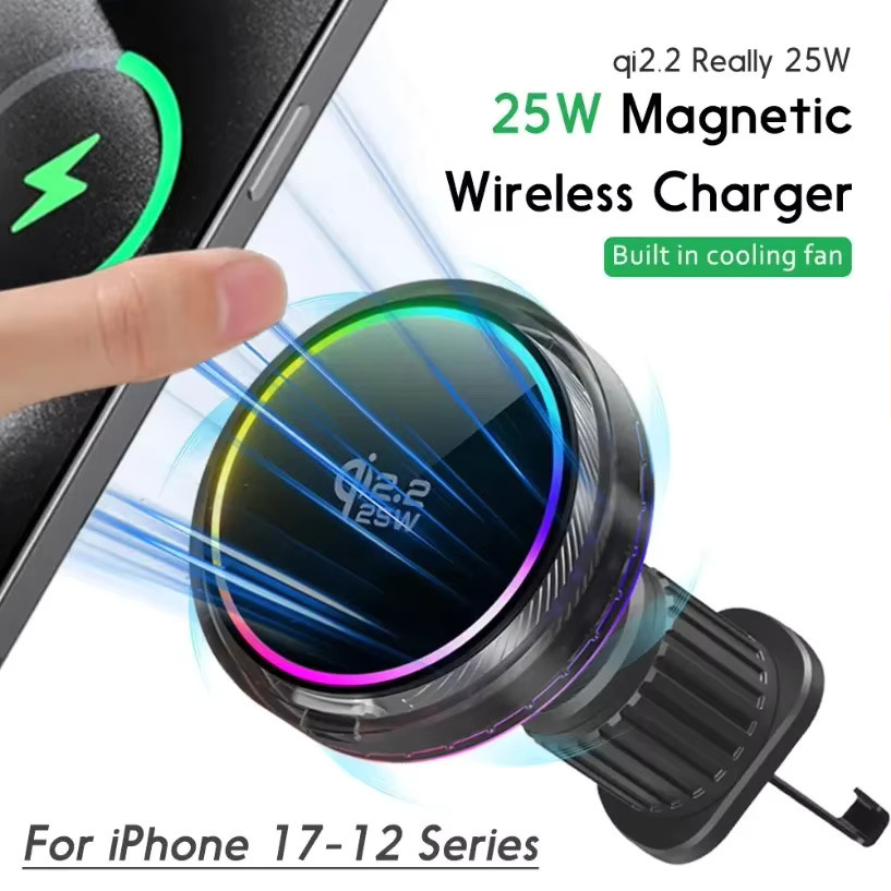 VIKEFON Magnetische Auto-Handyhalterung mit Qi2.2 25W Kabellosem Ladegerät, Luftkühlung und RGB-Licht, kompatibel mit MagSafe iPhone 17 16 15 14 13 12, Multicolour - Bild 5