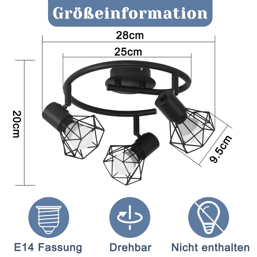 Nettlife 3-flammige runde Deckenleuchte im Retro Industrie-Design, Schwarz, Mattes Metall, E14, drehbar und neigbar, für Küche, Wohnzimmer, Flur oder Schlafzimmer - Bild 4