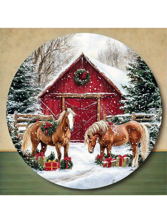 Potdemiel Wandbild Retro Double Horse Barn Scene aus Metall, Rund, Mehrfarbig, Durchmesser: 20 cm - Bild 3