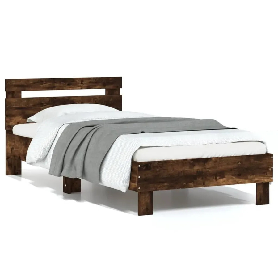 vidaXL Bettgestell mit Kopfteil in Räuchereiche, modern mit LED-Leuchten und USB-Ladeport, Farbe Braun, B: 75 cm, T: 193 cm, H: 80 cm - Bild 2