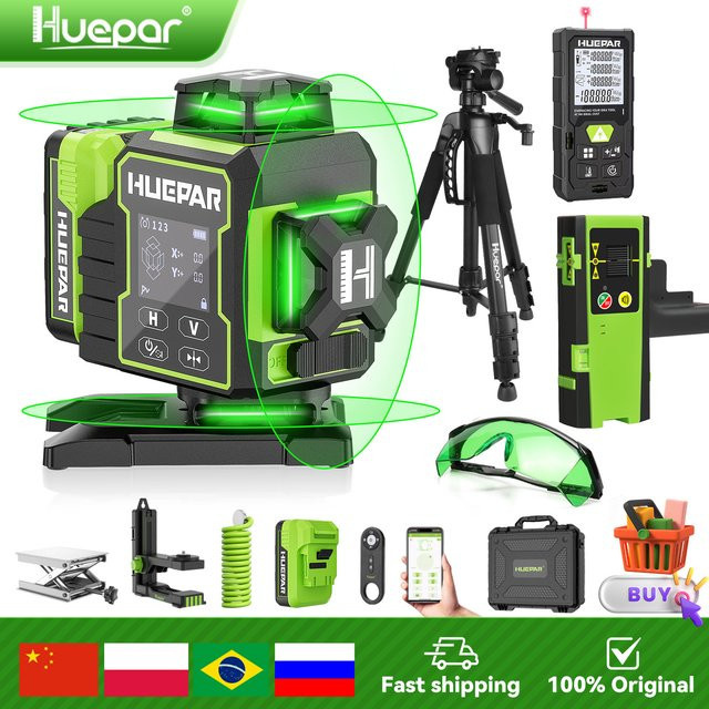 Huepar W04CG 4D-Laser-Nivelliergerät mit 16 grünen Kreuzlinien, Bluetooth, elektrisch drehbarer Basis und LCD-Bildschirm - Bild 1