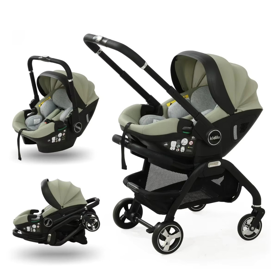 Kidilo 3-in-1 Kombikinderwagen mit Schlafkörbchen und Babyschale in Grün mit verstellbarem Griff - Bild 6