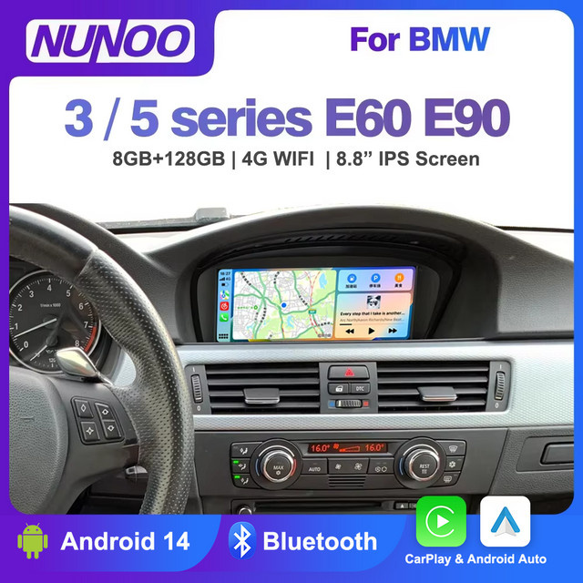 Nunoo Android 14 Wireless CarPlay Multimedia-Player mit GPS, Bluetooth und Wi-Fi für BMW E60 E61 E62 E63 E90 E91 E92 (2005-2012), Schwarz - Bild 1