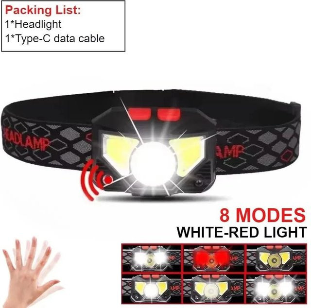 Wiederaufladbare LED-Stirnlampe von LIUXING Fire mit Bewegungsmelder und rotem Licht in Schwarz und Weiß - Bild 1