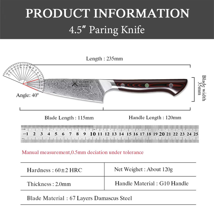 DASHWAY Damaszener Schälmesser aus 67-lagigem Stahl, Japanisches Profi-Küchenmesser als Allzweckmesser für Fleisch und Obst, Mehrfarbig, Klingenlänge: 11,43 cm - Bild 6