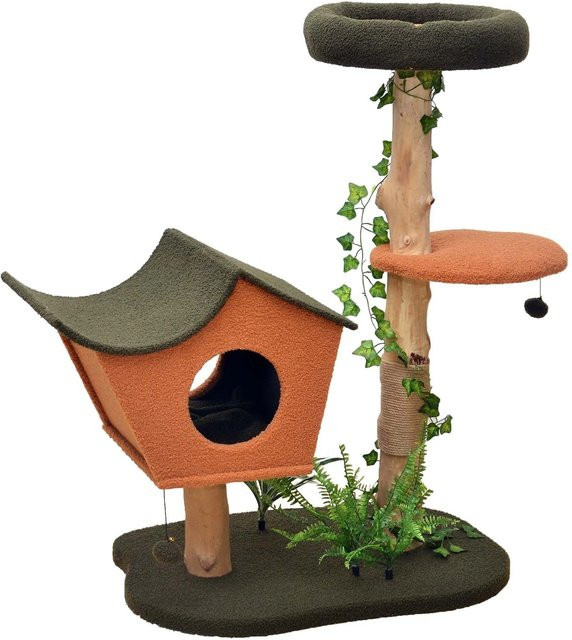 Fudajo Kratzbaum mit Pflanzendeko aus Birnbaumholz und Teddyfell in Grün-Orange, Höhe: 114 cm - Bild 1