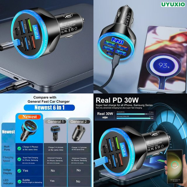 UYUXIO PD 30W Auto-Ladegerät mit LED-Digitalanzeige und 6 Anschlüssen in Schwarz für iPhone 17 16 15 14 Pro Max Plus - Bild 1
