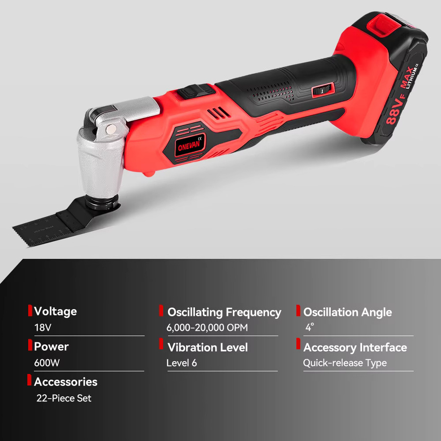 ONEVAN Elektrisches Oszillierendes Multi Tool mit 6 Gängen, Akku-Trimmer zum Polieren und Schneiden, kompatibel mit Makita 18 V LXT Akkus, Rot - Bild 3