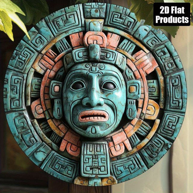 Potdemiel Maya-Kalender Wandkunst aus Aluminium, rundes Vintage-Schild mit geometrischem Design, Durchmesser: 20 cm - Bild 1