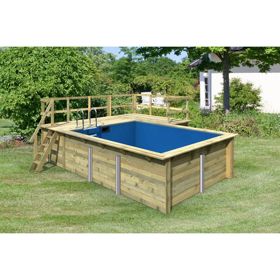 Karibu Massivholzpool aus Fichte in Blau mit 2 Sonnenterrassen, Rechteck-Aufstellpool inklusive Schutzvlies und Einhängeleiter, B/T/H: 350 x 320 x 111 cm - Bild 2