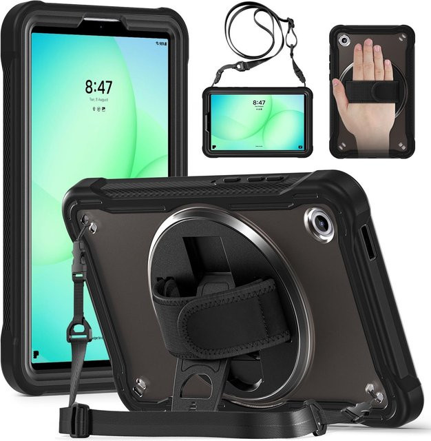 Samsung Galaxy Tab A11 Schutzhülle mit 360 Grad Ring Handgriff und Schultergurt in Schwarz - Bild 1