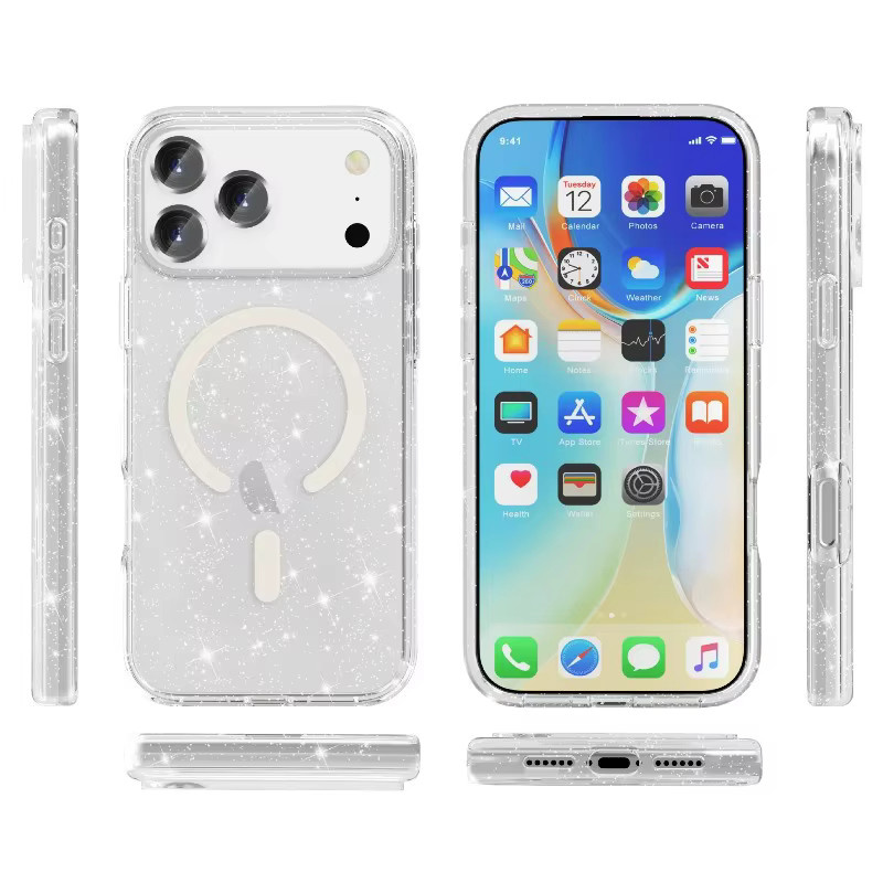 Bling Glitzer magnetische Handyhülle für iPhone 17 Air 16E 15 14 Plus 13 12 Pro Max transparent stoßfest und kabelloses Laden kompatibel - Bild 2
