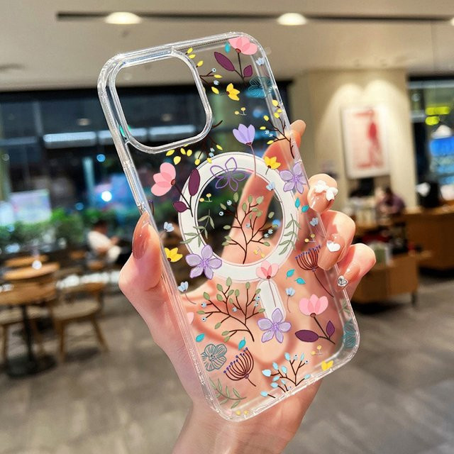 Transparente MagSafe Handyhülle mit Blumenmuster für Apple iPhone 11 12 13 14 15 16 17 Pro Max und Air, magnetische kabellose Ladehülle mit weicher Abdeckung - Bild 1