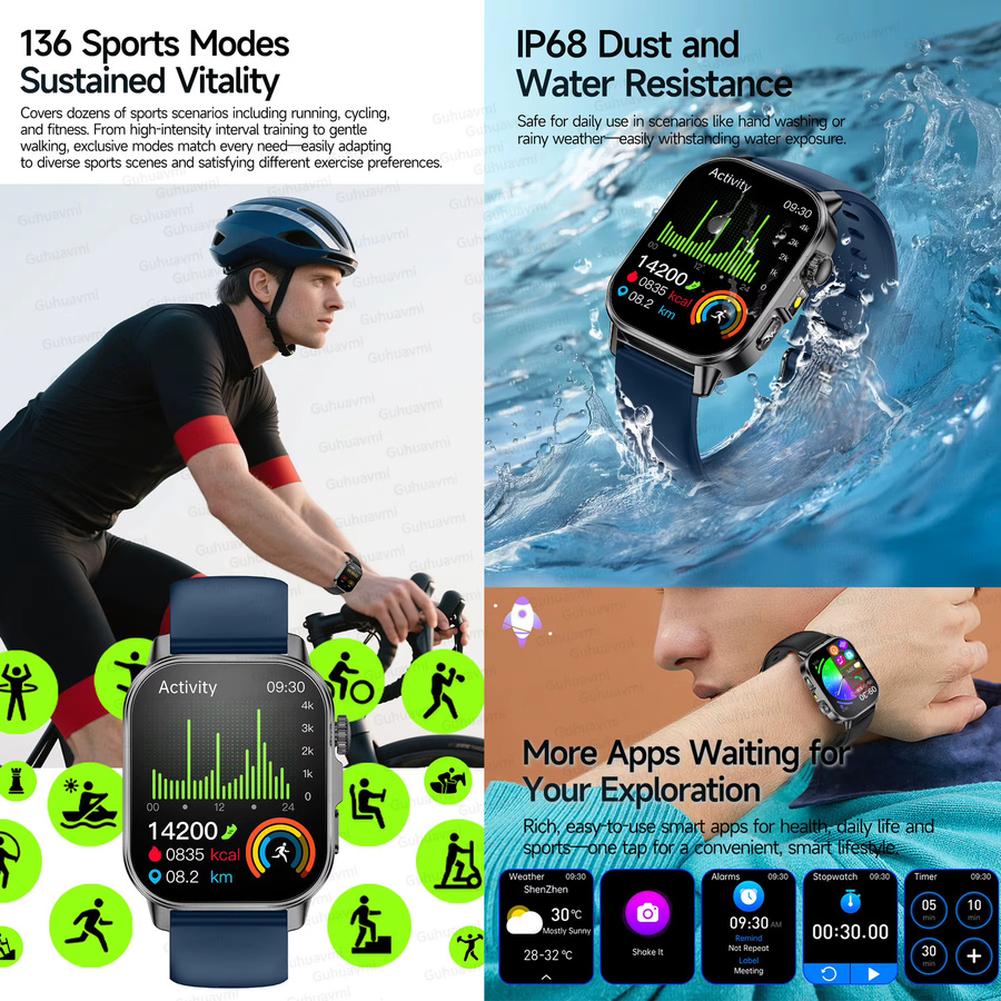 GUHUAVMI Smartwatch mit EKG, HRV, Harnsäure- und Blutfett-Messung sowie Bluetooth-Anruf in Pink - Bild 6