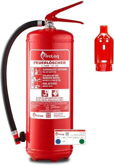 FireLoq Schaumlöscher Rot mit 6 l Inhalt, Wandhalterung und Manometer - Bild 1