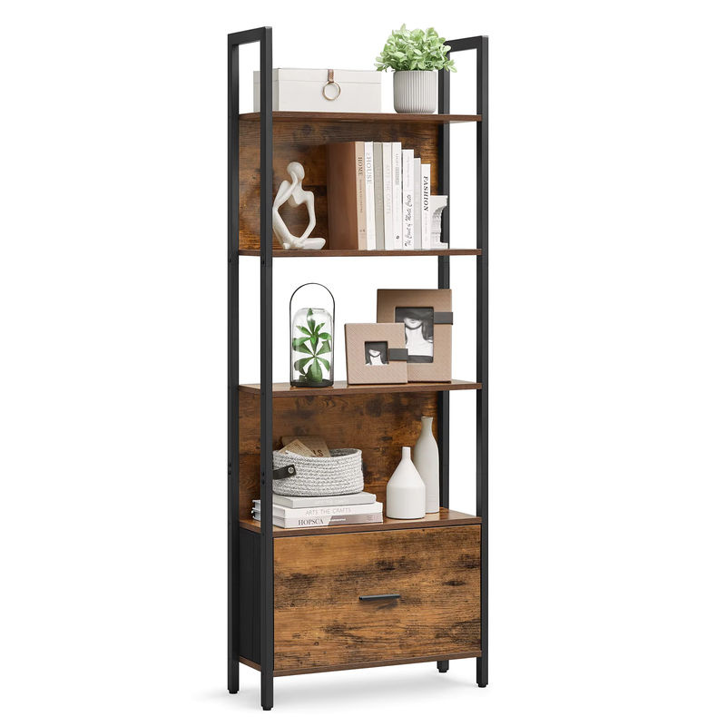 VASAGLE Bücherregal mit 5 Ebenen und Schublade im Industrial-Design, Eckregal aus Holz und Metall in Braun und Schwarz - Bild 6