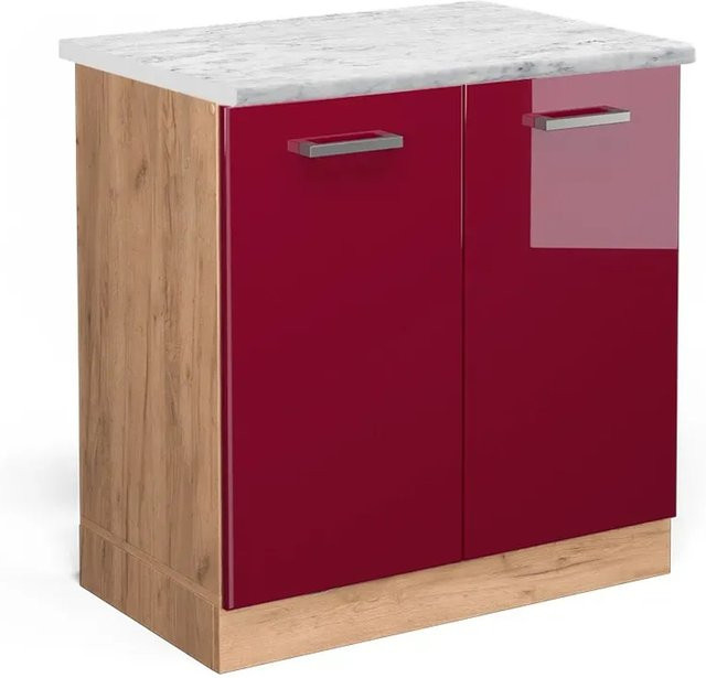Vicco Spülenunterschrank R-Line in Bordeaux Hochglanz und Goldkraft Eiche mit Marmor-Optik, B/T/H: 80 x 46 x 81,6 cm - Bild 1