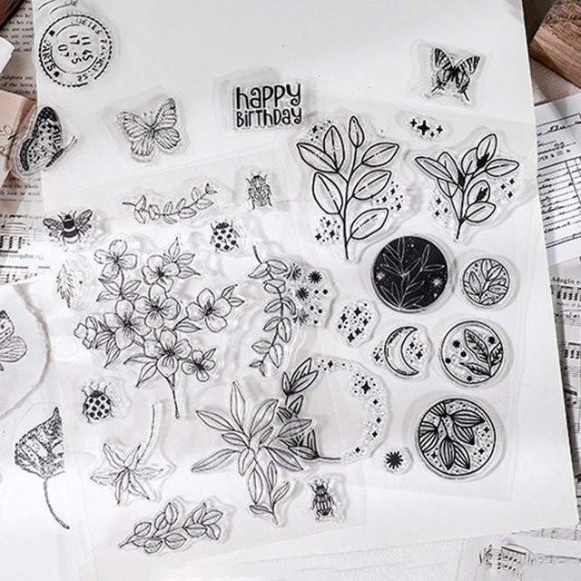 Vintage Silikonstempel mit Blumen, Mond und Schmetterling in Transparent für DIY Scrapbooking und Dekoration - Bild 1