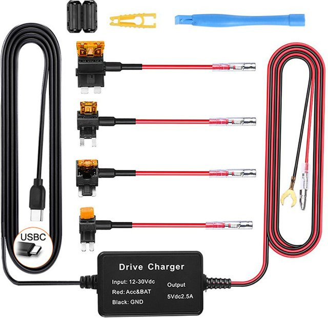 WYMECT Dash Cam Hardwire Kit mit Micro und Typ-C USB-Anschlüssen, 24H Parkmonitor Buck Line für DVR und GPS Recorder, Schwarz - Bild 1